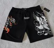 ED HARDY Men's XL Black Fleece Panther Tattoo Eagle Print Sweat Shorts