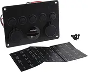 Daseeme 12V/24V Inline Fuse Box LED Rocker Switch Panel 5 Gang Marine Boat Rocker Switch Panel with Dual USB Charger Socket，Digital Voltmeter Display On/Off Toggle Rocker Switch Panel，Blue Light