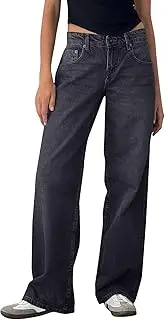 [Generic] Women's Straight Jeans Baggy Wide Leg Jeans Stretchy High Waist Denim Pants Retro Personality Wash Old Jeans