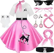 [VillbeCoser] Sock Hop Outfits Women, 1950s Poodle Skirts, T-Shirt with 50s Accessories Socks Scarf Headband Belt Earring (Pink-S), Pink