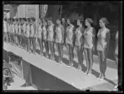 Manly Club female lifesavers standing in a line on a podium, Sydne- Old Photo