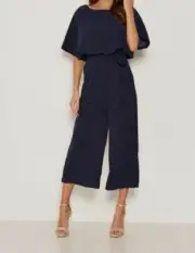$90 AX Paris Women's Blue Round Neck Short Sleeve Tie Waist Jumpsuit Size 8