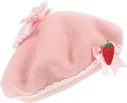 [Ipetboom] Strawberries Bow Beret Cap French Style Woolen Beret Bowknot Warm Hat Random Color Pink