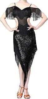 [TiaoBug] Women Cutout Squins Irregular Fringe Tassel V Neck Latin Dance Dress Ballroom Salsa Rumba Dance Costumes