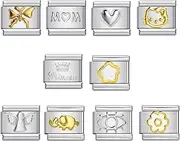 [Mon & Sons] 10 Mum Mom Heart Gold Butterfly Angel Cat Starter Bundle Charm Silver Italian 9mm Link Stainless Steel Bracelet Charm Compatible With Nomination 9mm Bracelet, Non-Precious Metal Stainless Steel
