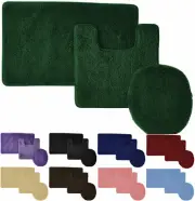 Solid 3-PC Bathroom Rug Set - Bath Mat + Contour Rug + Toilet Lid Cover