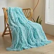 XeGe Plush Faux Fur Throw Blanket, Aqua Comfy 50x60 Fuzzy Blanket Throw, Luxury Boho Lightweight Couch Blanket, Autumn Ultra Soft Fluffy Shaggy Lap Blanket for Couch Bed Sofa Chair Ombre Aqua Green