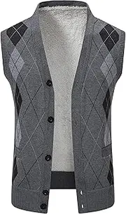 [Gsywaipei] Men's Argyle Sweater Vest Casual Sleeveless Men Cardigan Sweaters Slim Fit V-Neck Knitted Cardigan Vests