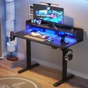 Advwin Electric Standing Desk LED RGB Lights & Power Outlets Height Adjustable Computer Desk with Monitor Stand Black Desktop+Black Frame