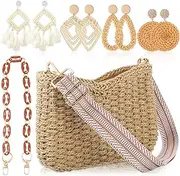 [Abbylike] Summer Handmade Straw Crossbody Bag for Women with 4 Rattan Earrings for Women Girl Vacation Bohemian Supplies