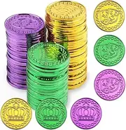 100PCS Mardi Gras Plastic Coins Set Assorted Purple Green Gold Coins for Mardi Gras Decorations Parade Party Favors for Kids St Patricks Day Crown Mask Theme Props Supplies Bulk
