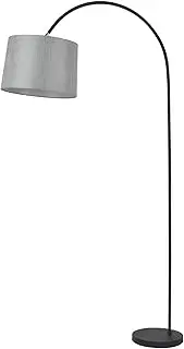 Tanya Arched Floor Lamp, Black Metal Base, Large Grey Lampshade, Drum Shape, Perfect for Lounge Room, Reading Environment, Ambient Lighting, Ideal for Placing Behind Sofa