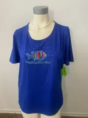Princess Blue women T-shirt Rhinestone fish pattern v-neck short sleeves Size L