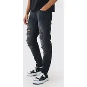 Mens Washed Black Slim Fit Ripped Jeans