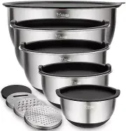 Mixing Bowls Set of 5 Stainless Steel Nesting Bowls Airtight Non Slip Bottoms