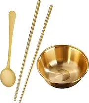 TIDTALEO 1Set Brass Serving Bowl Salad Mixing Bowl Snack Container with Chopsticks Spoon Multi Function Dinnerware for Home for Fruit Noodles