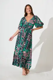 Coverdale Maxi Dress Short Sleeve in multicolor Navy With Green And Blush Patchwork 8