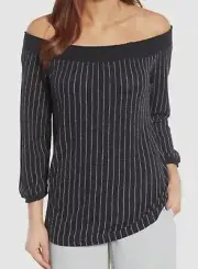 NEW $175 Nic+Zoe Women's Blue Stripe Off-Shoulder Linen Blend Blouse Top Size XL