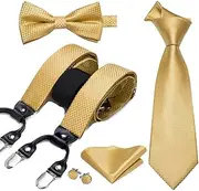 [keusyoi] Mens Silk Suspender Set 6 Clips Braces Vintage Y Back Suspenders Bowtie Tie Hankerchief Cufflinks Adjustable