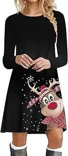 [Generisch] Women's Christmas Dress Long Sleeve Pullover Dress Winter Round Neck Mini Dress Reindeer Print Christmas Dresses Elegant Christmas Party Blouse Dress Tops