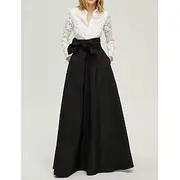 Black and White Formal Dress A-Line Mother of the Bride Shirt Dress Elegant Simple Minimalist Shirt Collar Floor Length Stretch Lace Tafetta Long Sleeve with B