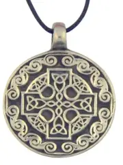 Celtic High Cross 1 3/8 Inch Oxidized Silver Round Pendant on Cord Chain