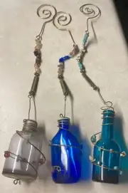 3 Colored Glass & Wire Beaded Hanging Plant Rooter, “Hanging Water Garden”