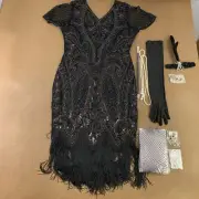 Women's Large Black Silver Sequin Fringe Flapper Dress & Accessory Set 9 Pieces