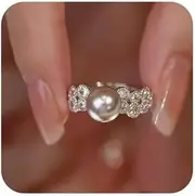 [LMCIEZR] AAA Zircon Flash Diamond White Grey Pearl Ring Women's Fashion Opening Adjustable Ladies Engagement Wedding Gift Ring AAA Zirconia and Pearl Ring - Adjustable Open Band Ring
