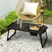 Levede Foldable Camping Table with Charcoal BBQ Grill Rack, Outdoor Portable Folding Steel Grill Desk with Lamp Bracket Hook, Cooking Barbecue Picnic Hiking Furniture Patio Dining Balcony Large Black