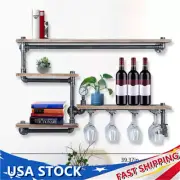 Industrial Pipe Shelving Wine Racks W/ 4 Stem Glass Holder Wall Shelf Kitchen
