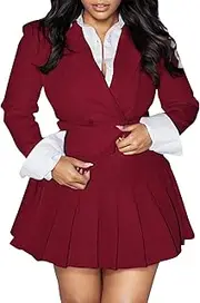 [Tcremisa] Womens Casual 2 Piece Business Outfits Office Cropped Blazer Jacket and Pleated Mini Skirt Suits Set