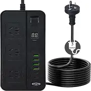 Aulivra Universal Extension Lead with 6 USB Ports | 3 Meter Cable Power Strip Surge Protector, Wall Adapter Power Hub w/Switch | Fuse & Shutter, 3 Way Gang Socket Electrical, AU Plug (Black)