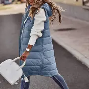 Winter Light Weight Sweaters Long with Hood Outdoor Vest Down Women's Jacket Quilted Coat Solid Color Hooded Sleeveless Jacket blue L