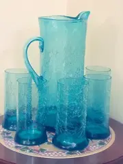 Beautiful Kanawha Waterfall Aqua Blue Crackle Glass Blue Pitcher and glasses(5)