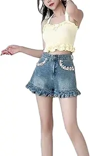 [Generic] Women's Mini Denim Shorts Fashion High Waist Flowers Cute Jeans Shorts Y2k Harajuku Summer Streetwear Clothes