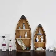 Set of 2 Wooden Boat Hanging Shelf Nautical Wall Art Decorations with 3 Tiers