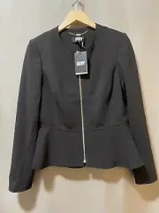 NWT DKNY Women Collarless Long Sleeve Full-Zip Peplum-Hem Jacket Size 8 Black