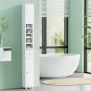 TOOLKISS Bathroom Storage Cabinet – 180cm Tall Slim Floor Cupboard, Narrow Linen Tower for Toilet, Bathroom & More – White MDF Organizer with Adjustable Shelves & Anti-Toppling Design