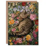 Birthday Card Grey Tabby Laying in Flower Meadow Cat Lover Greeting Card