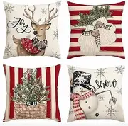 Christmas Decorations, Merry Christmas Throw Pillow Covers 18 x 18 Inches Set of 4 -Christmas Cushions Covers Neutral -Zippered Christmas Pillow Covers (Red Striped Deer Snowman)