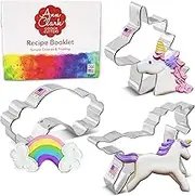 Ann Clark Cookie Cutters Fantasy Unicorn Cookie Cutter Set With Recipe Book - 3 Piece - Unicorn Head, Unicorn, And Rainbow - USA Made Steel