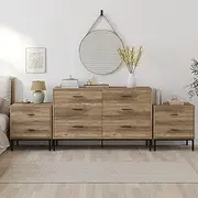 Merryluk Chest of Drawers Set of 3,Bronx Bedroom Storage Bundle,6-Drawer Dresser with 2 Bedside Tables, Natural Wood Grain Finish,Dresser for Bedroom Living Closet Hallway