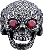 [Ymall] Gothic Skull Ring with Zirconia Eyes, Vintage Carved Design, Silver-tone Metal