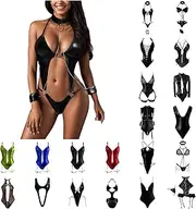 [Qiyifuwang] Women's Plus Size Chemise Lingerie, Long Sleeve Leather Lace Teddy Set Bodysuit Babydoll Sleepwear Playsuit Nighty Black,Medium, #10_black
