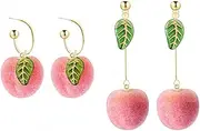 [COLORFUL BLING] 2 Pairs Set Cute Creative Super Lightweight Lifelike Pink Peach With Leaf Dangle Drop Earrings Sets Funny Imtation Charm Fruit Hoop Earrings Jewelry Gifts for Women Girls, Metal, not known