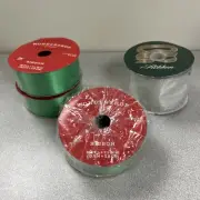 Mixed Lot Of 4 Large Rolls Of Christmas Ribbon Green X 3, Shimmering White X 1
