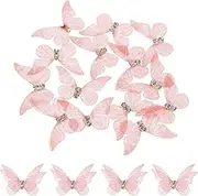 uxcell 20Pcs Sheer Mesh Butterfly Appliques, 30mm Two Layers Butterflies with Gem Applique Patch DIY 3D Craft Ornament for Wedding Party Home Decor Clothes, Pink
