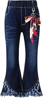 [Sinleey] Kids Girls Vintage Ripped Ruffle Flare Jeans Elastic Waist Bell Bottom Denim Pants Trousers Sports Dancewear