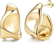 [Sanfenly] Chunky Gold Earrings for Women - 925 Sterling Silver Hoops, 14K Gold Plated Studs, Hypoallergenic Open Huggie Teardrops, Statement Studs, Metallic Gold Silver Hoops